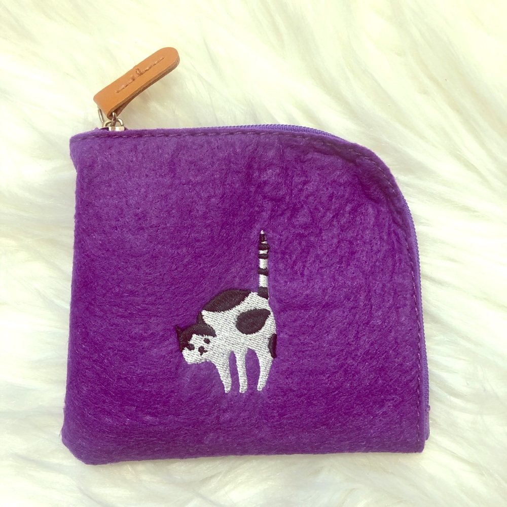 Cat felted purple small pouch